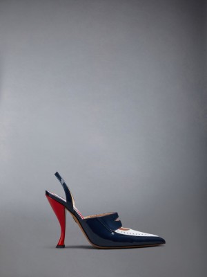 Black Women Thom Browne Patent Slingback Curved Heel Penny Loafers | NTT09M84952
