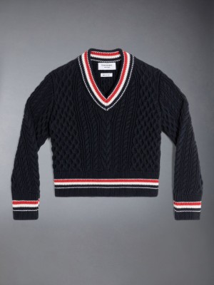 Blue Girls's Thom Browne ARAN CABLE CRICKET STRIPE V-NECK Pullover | FQH03N98709