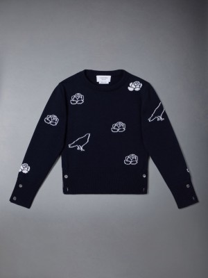 Blue Girls's Thom Browne Fine Merino Wool Rose and Raven Pullover | ICG95R73822