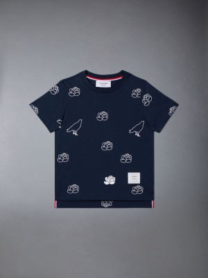 Blue Girls's Thom Browne Light Medium Jersey Rose and Raven T Shirts | LVG21H39397