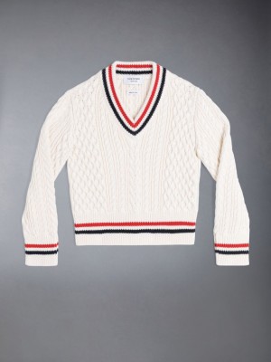 White Girls's Thom Browne ARAN CABLE CRICKET STRIPE V-NECK Pullover | IME83C91487