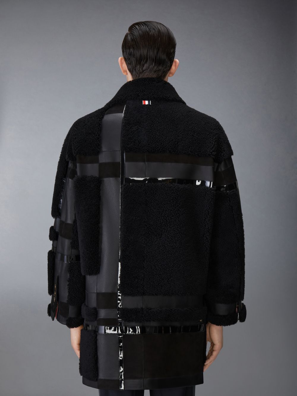 Black Men Thom Browne Intarsia Mixed Leather Dyed Shearling Oversized Coats | ILB50X02675