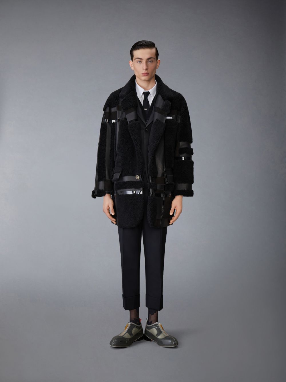 Black Men Thom Browne Intarsia Mixed Leather Dyed Shearling Oversized Coats | ILB50X02675