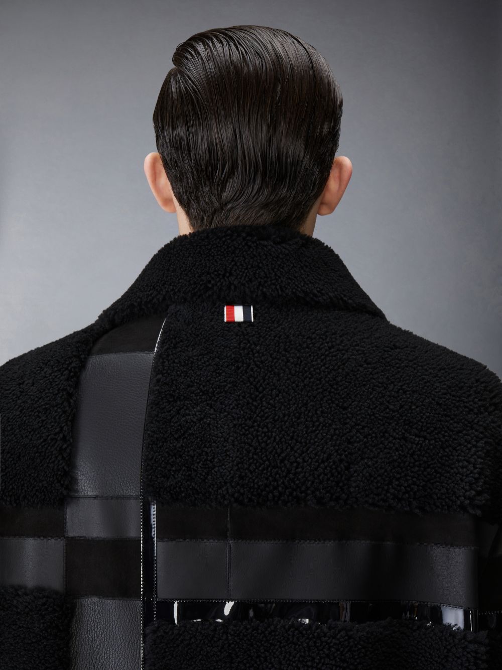 Black Men Thom Browne Intarsia Mixed Leather Dyed Shearling Oversized Coats | ILB50X02675