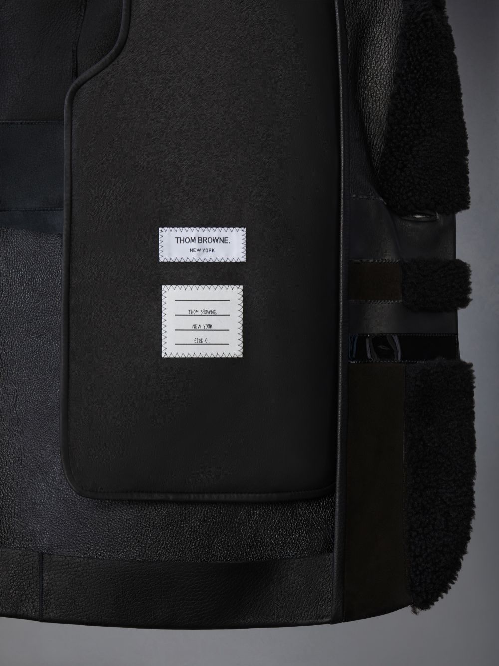 Black Men Thom Browne Intarsia Mixed Leather Dyed Shearling Oversized Coats | ILB50X02675