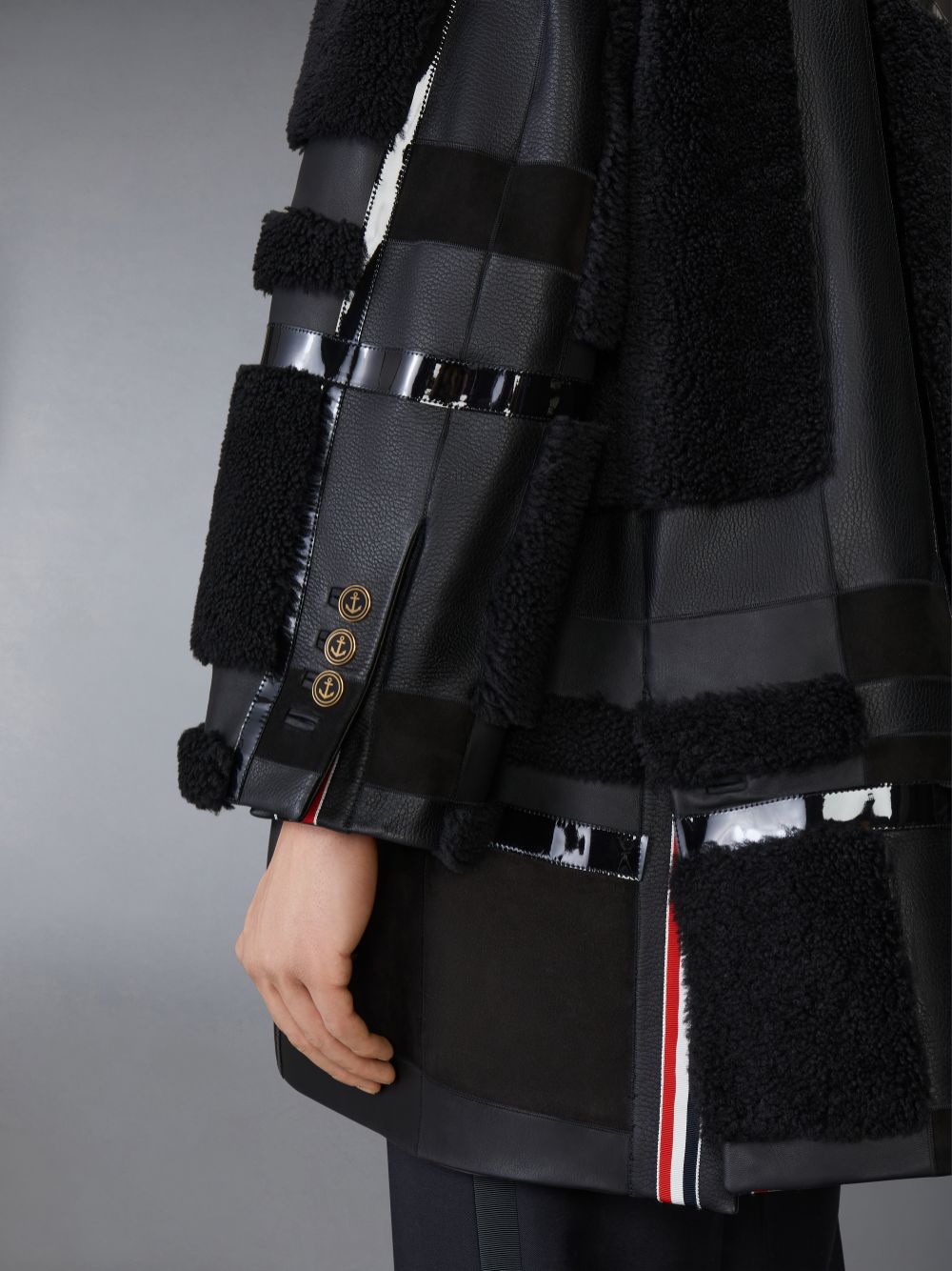 Black Men Thom Browne Intarsia Mixed Leather Dyed Shearling Oversized Coats | ILB50X02675