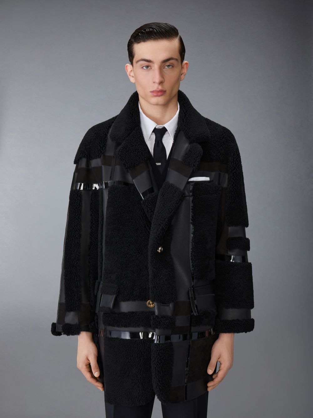 Black Men Thom Browne Intarsia Mixed Leather Dyed Shearling Oversized Coats | ILB50X02675