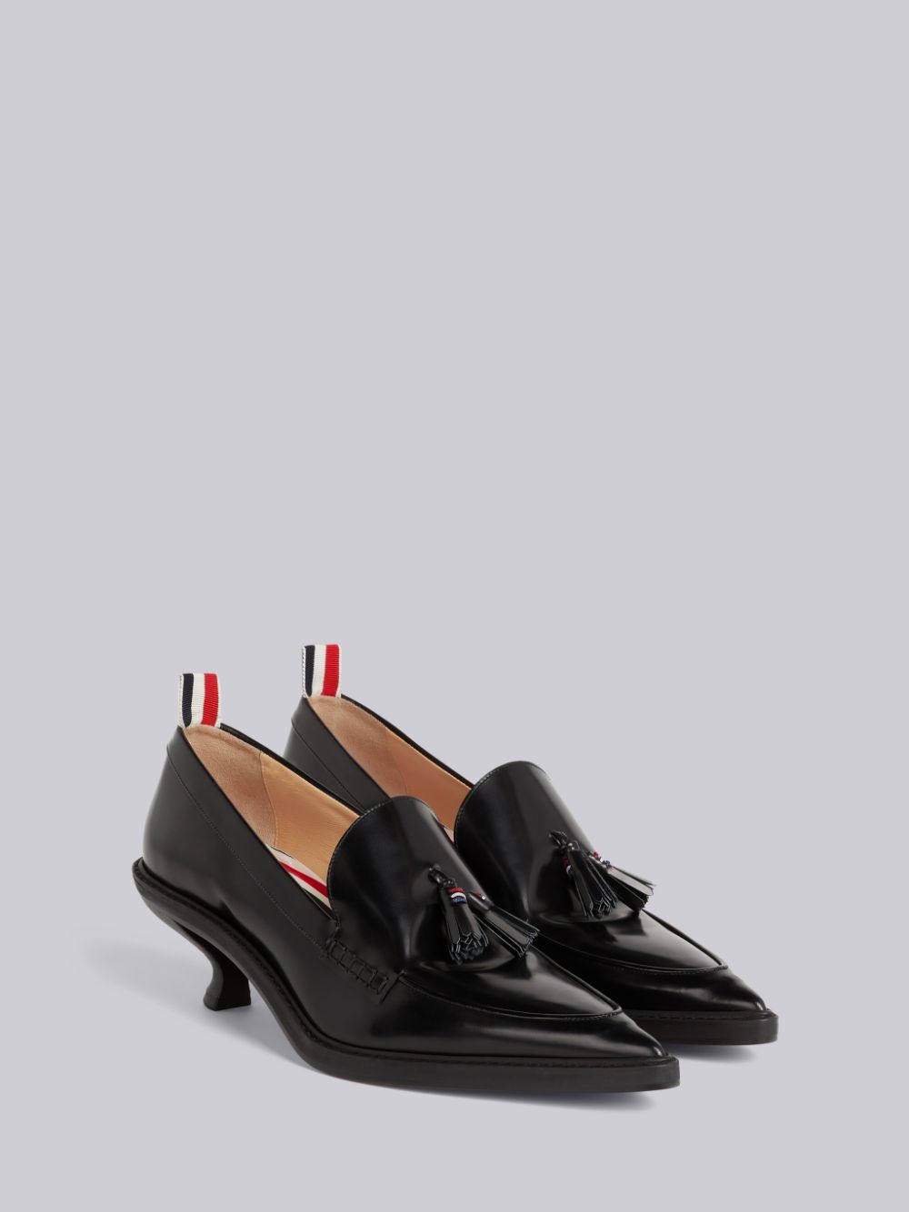 Black Women Thom Browne Calf Leather 50mm Curved Heel Tassel Loafers | UTY18I17299