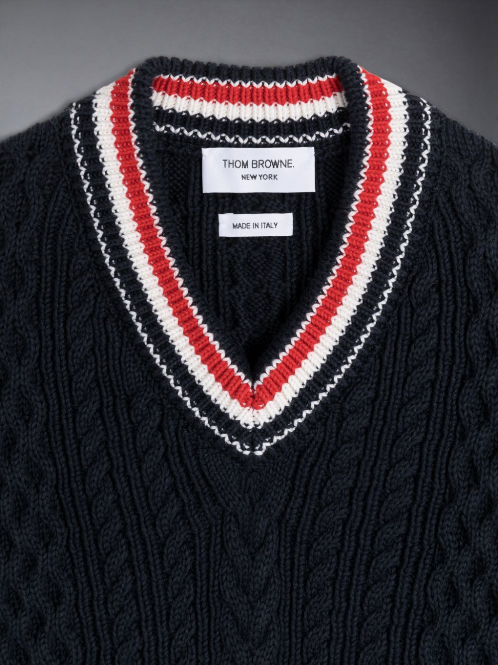 Blue Girls's Thom Browne ARAN CABLE CRICKET STRIPE V-NECK Pullover | FQH03N98709