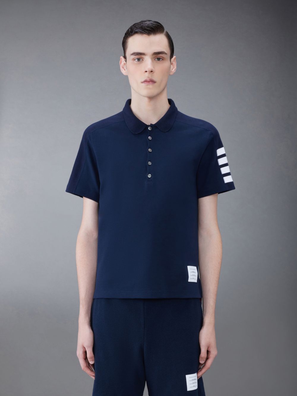 Blue Men Thom Browne Cotton 4-Bar Short Sleeve Polo Shirt | WUZ77S15426