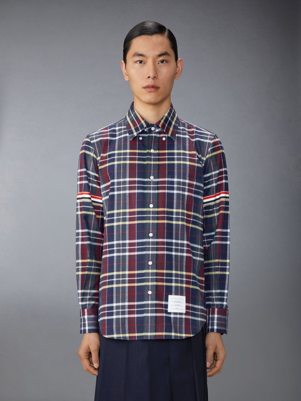 Blue Men Thom Browne Hunting Tartan Cotton Flannel Armband Shirts | ZMQ85C91400