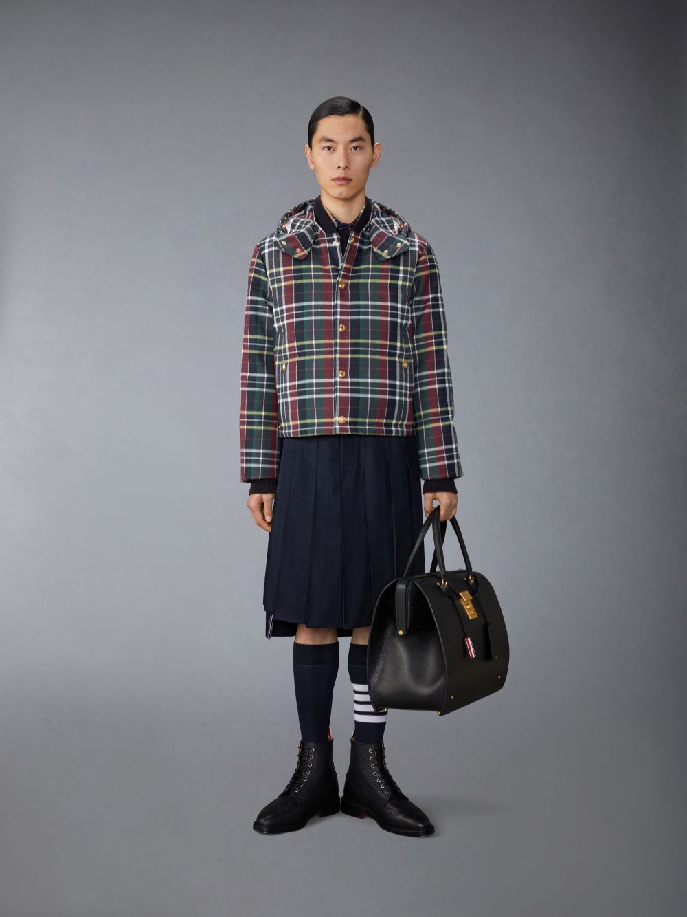 Blue Men Thom Browne Hunting Tartan Cotton Flannel Armband Shirts | ZMQ85C91400