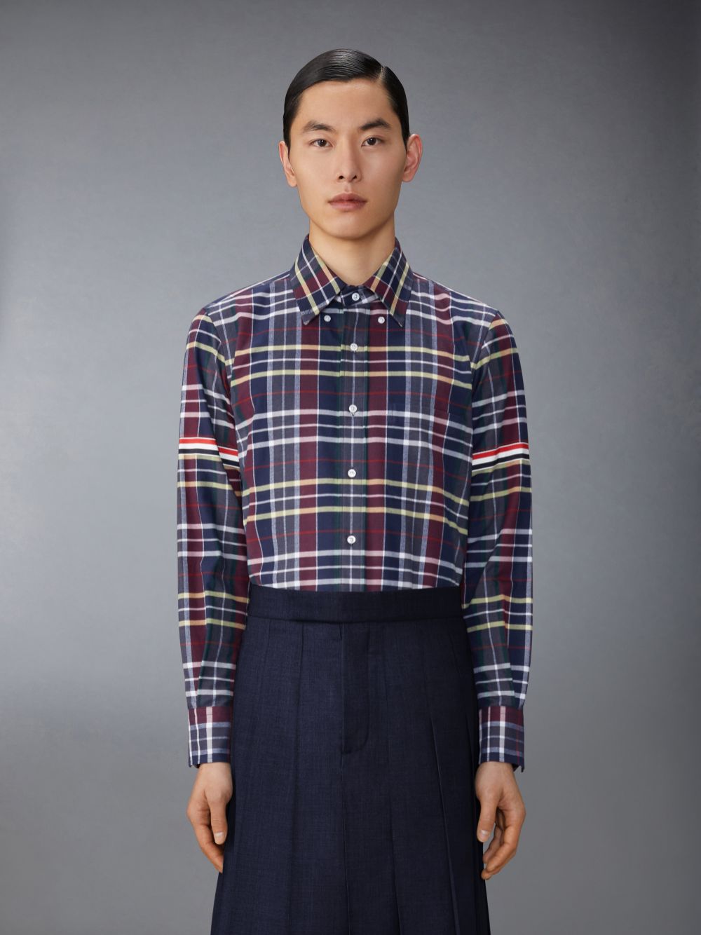 Blue Men Thom Browne Hunting Tartan Cotton Flannel Armband Shirts | ZMQ85C91400