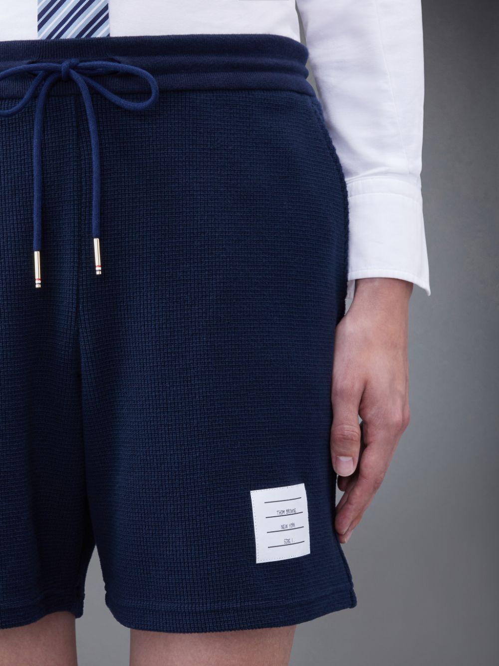 Blue Men Thom Browne Textured Cotton Midi Shorts | PLS48L15580