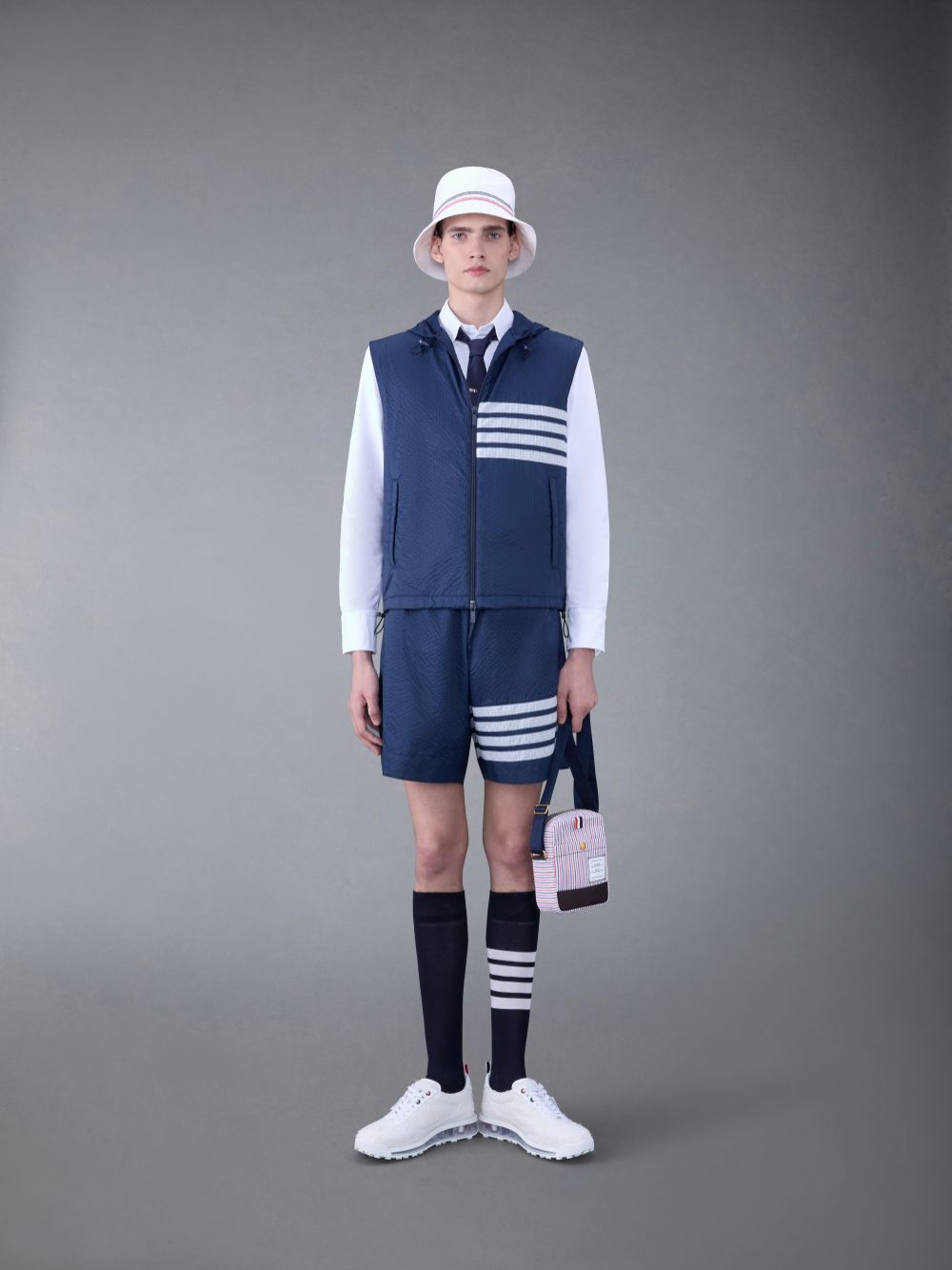 Blue Men Thom Browne Ultralight Ripstop 4-Bar Hooded Vest | GHI80M48262