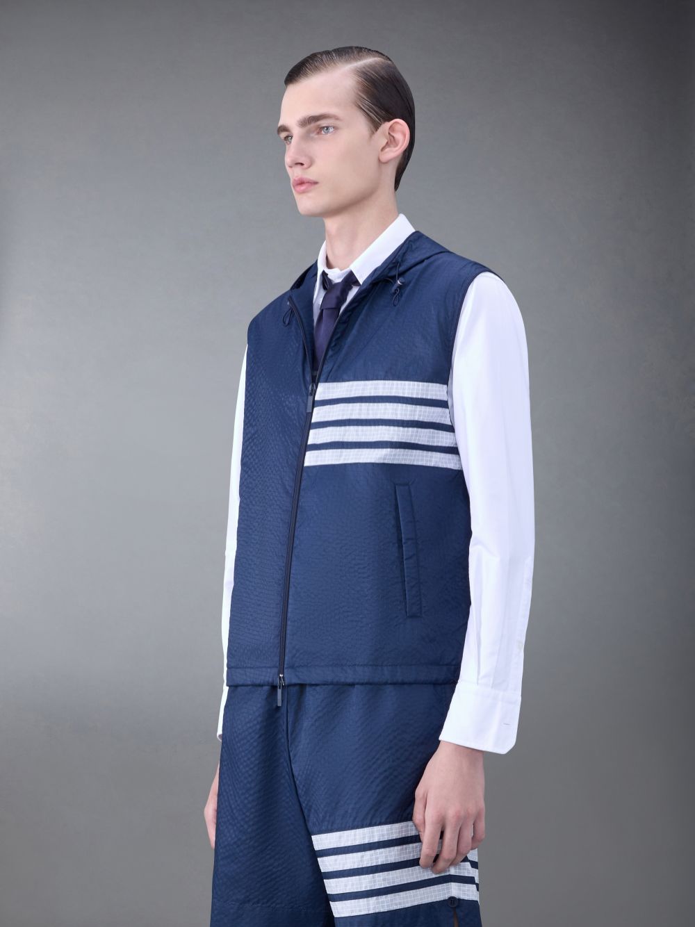 Blue Men Thom Browne Ultralight Ripstop 4-Bar Hooded Vest | GHI80M48262