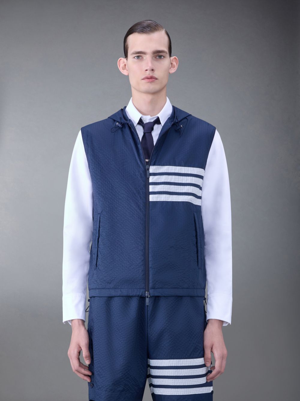 Blue Men Thom Browne Ultralight Ripstop 4-Bar Hooded Vest | GHI80M48262