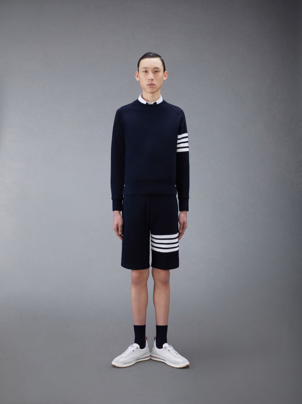 Blue Men Thom Browne Waffle 4-Bar Sweatshorts | HQF06C34277