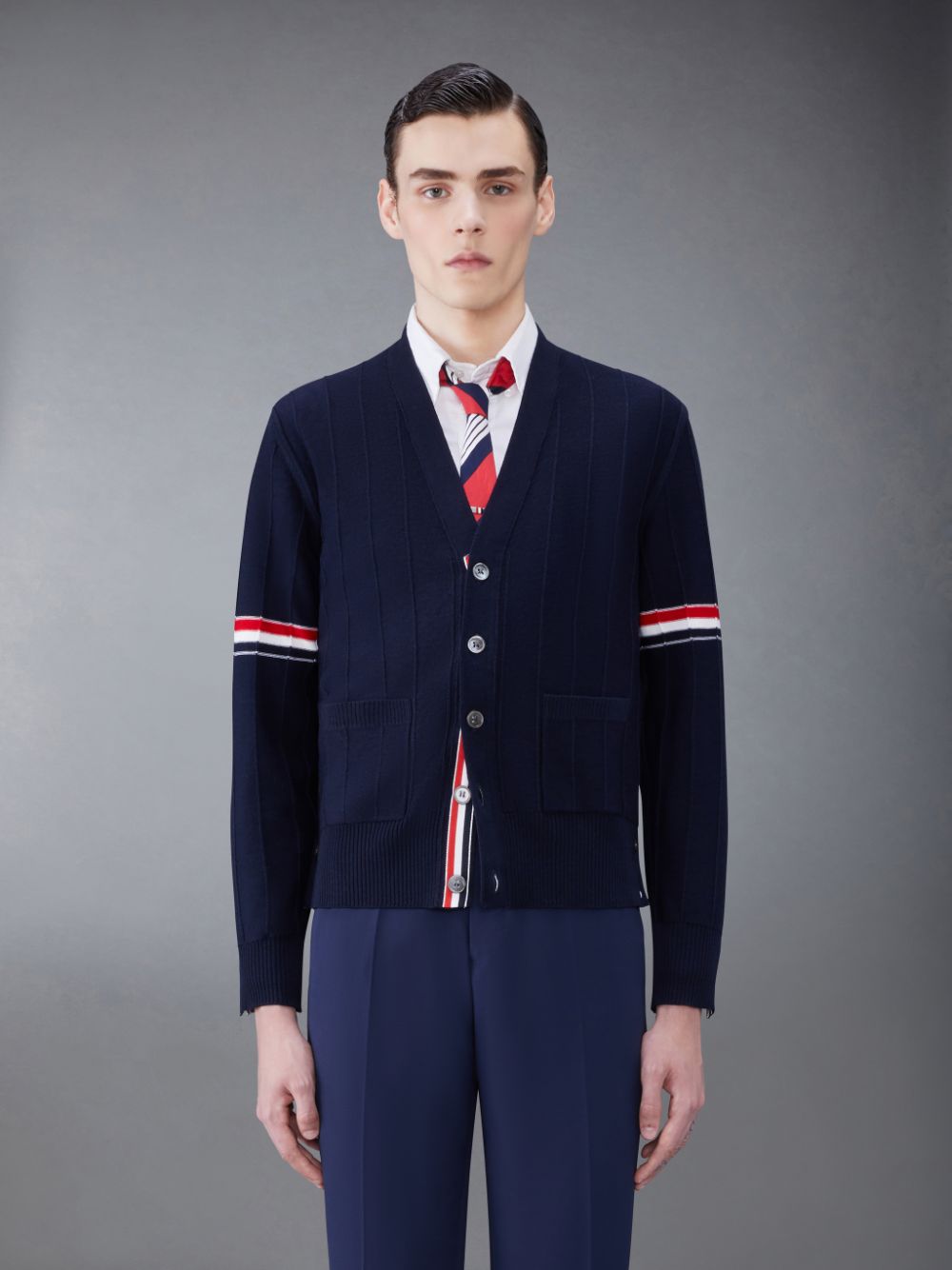 Blue Men Thom Browne Wool Relaxed V-Neck Armband Cardigan | SAT58Z52438