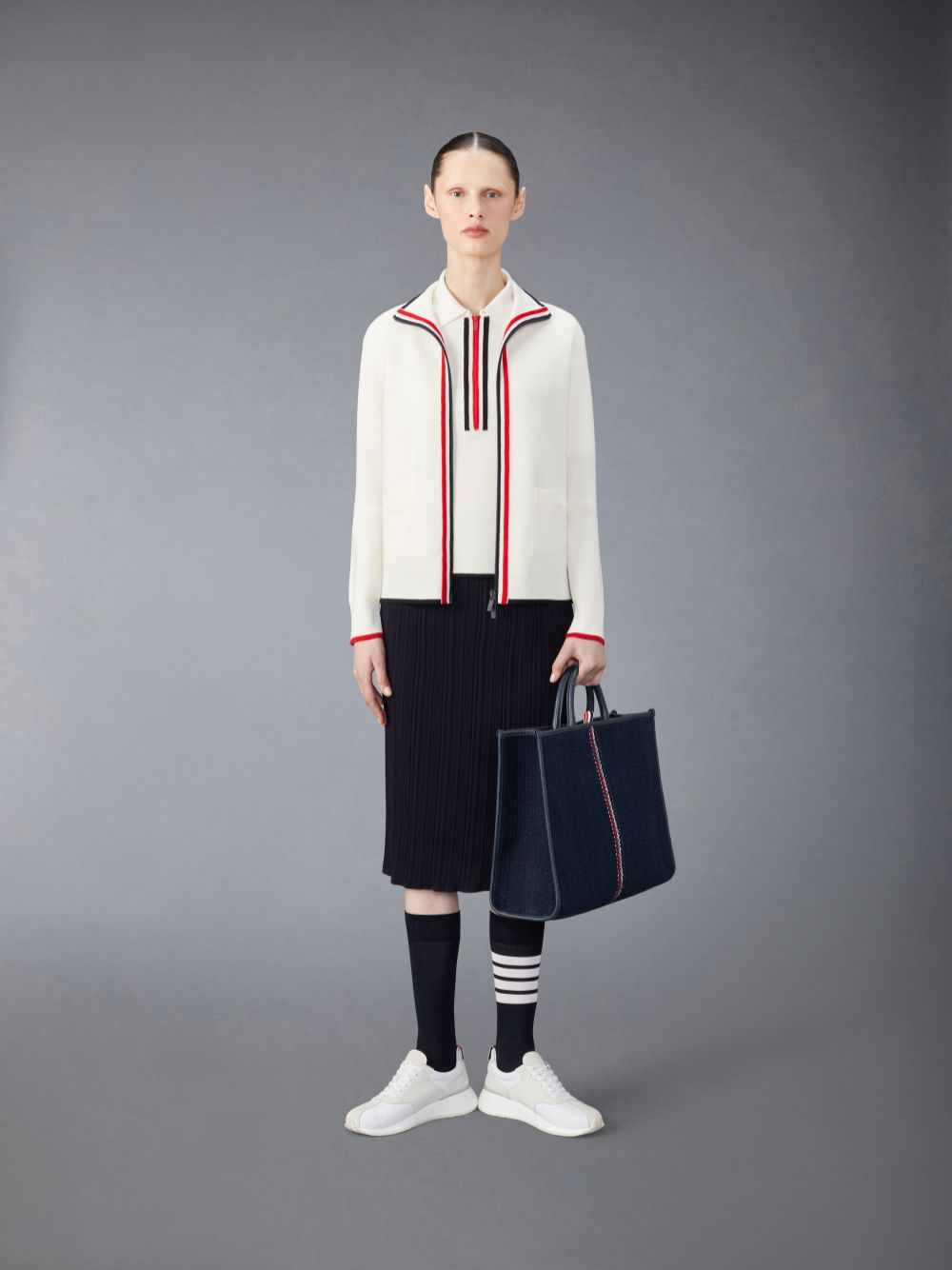 Blue Women Thom Browne Wool Crepe Rib Stitch Midi Plisse Skirts | VHN95B02760