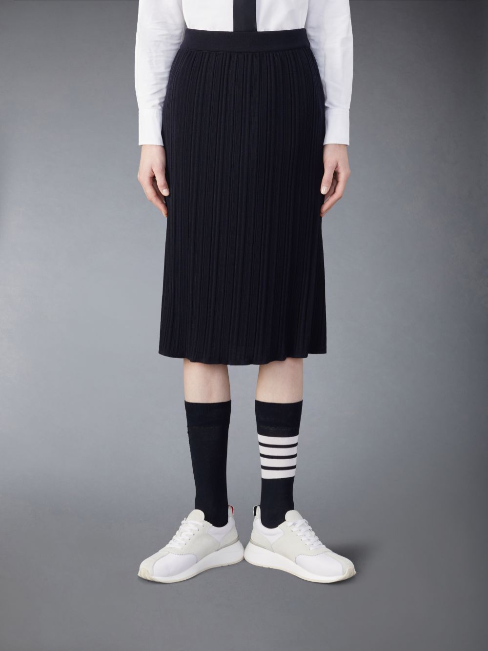 Blue Women Thom Browne Wool Crepe Rib Stitch Midi Plisse Skirts | VHN95B02760