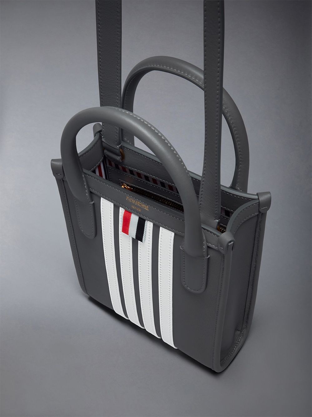 Grey Men Thom Browne Vertical Mini W/ 4 Bar Stripes in Smooth Calf Tote Bags | JOV61K63030