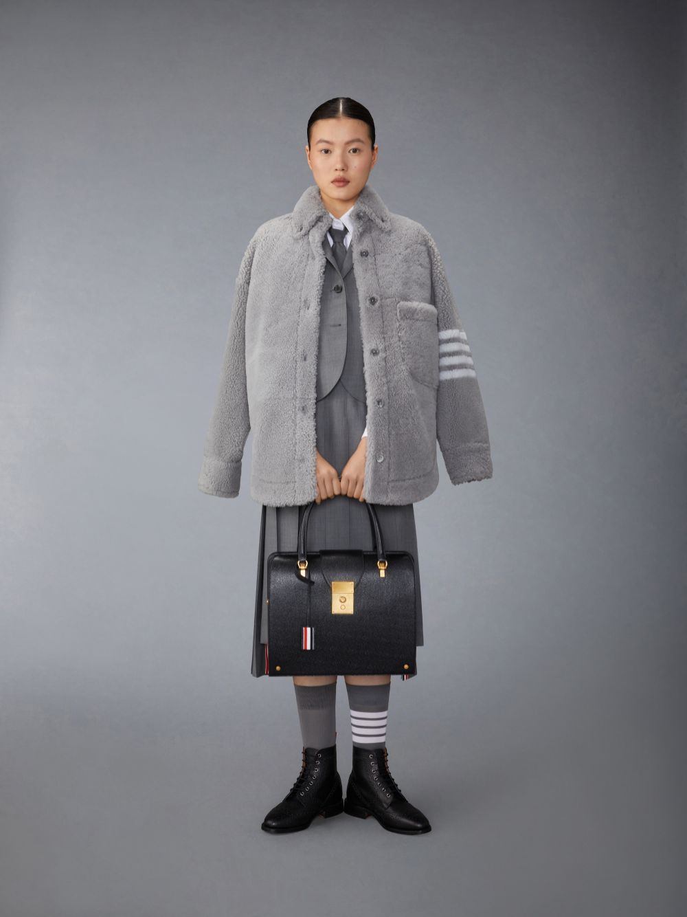 Grey Women Thom Browne Medium Dyed Shearling 4-Bar Supersized Shirt Jackets | UGV50Z98595