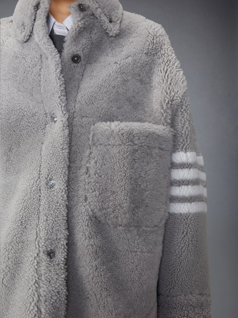 Grey Women Thom Browne Medium Dyed Shearling 4-Bar Supersized Shirt Jackets | UGV50Z98595