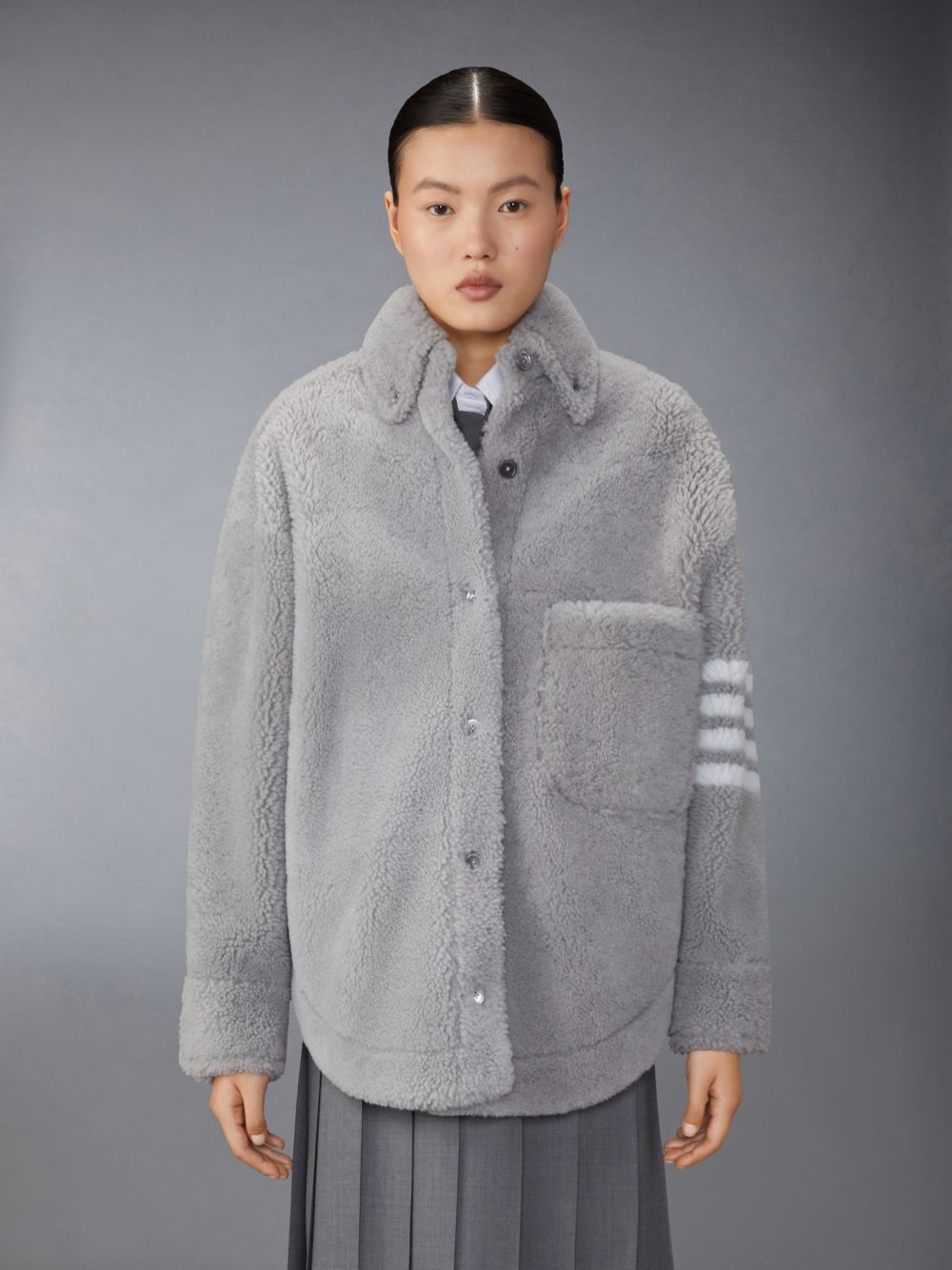 Grey Women Thom Browne Medium Dyed Shearling 4-Bar Supersized Shirt Jackets | UGV50Z98595