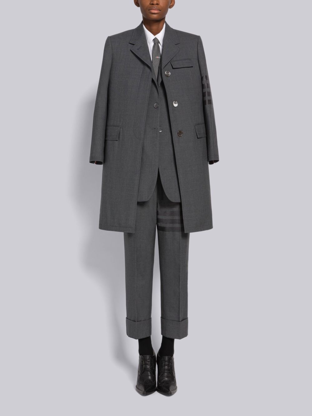 Grey Women Thom Browne PLAIN WEAVE 4-BAR CHESTERFIELD Coats | BJK23V98814