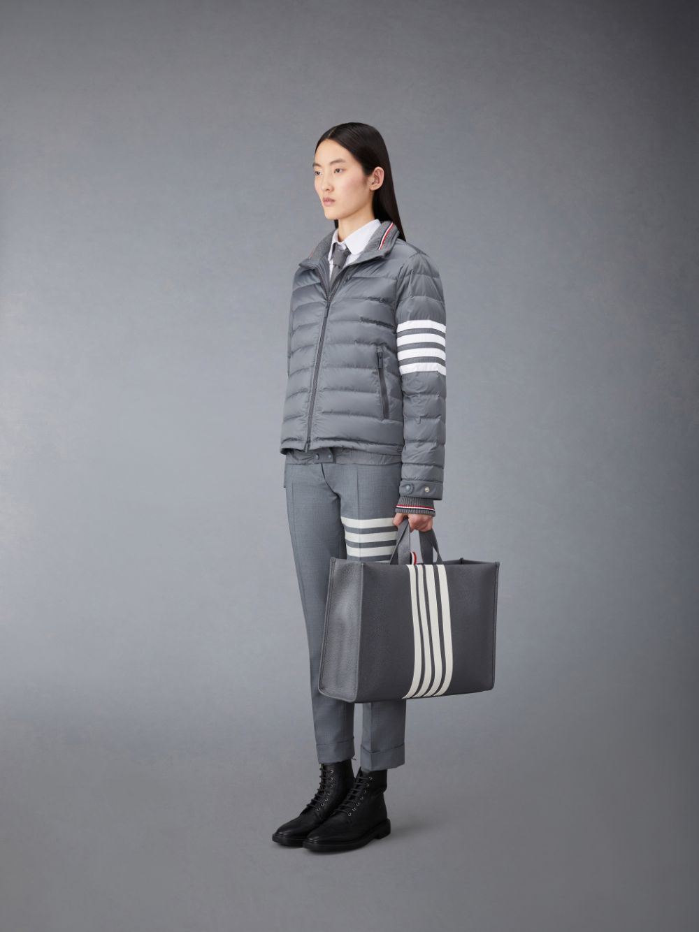 Grey Women Thom Browne Pebble Grain 4-Bar Squared Tote Bags | PFG02U81381