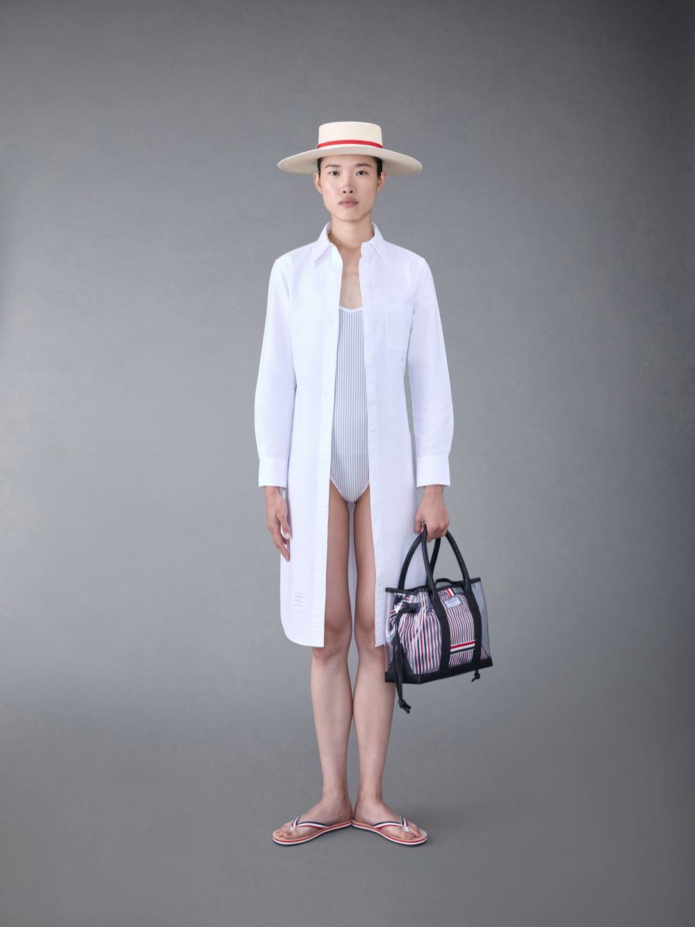 Grey Women Thom Browne Seersucker One Piece Swimsuits | TOB24E60846