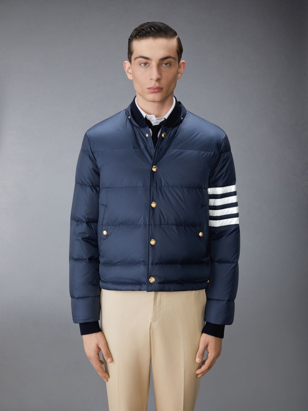 Navy Men Thom Browne Matte Nylon 4-Bar Down Bomber Jackets | UQW38M34905