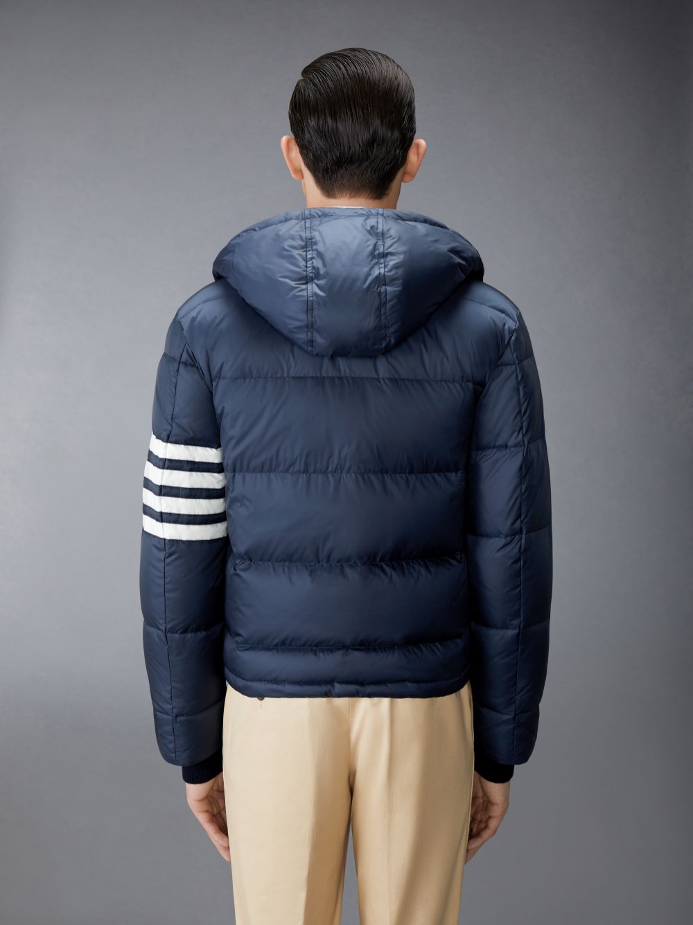 Navy Men Thom Browne Matte Nylon 4-Bar Down Bomber Jackets | UQW38M34905