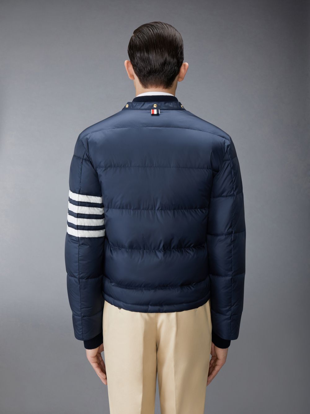 Navy Men Thom Browne Matte Nylon 4-Bar Down Bomber Jackets | UQW38M34905