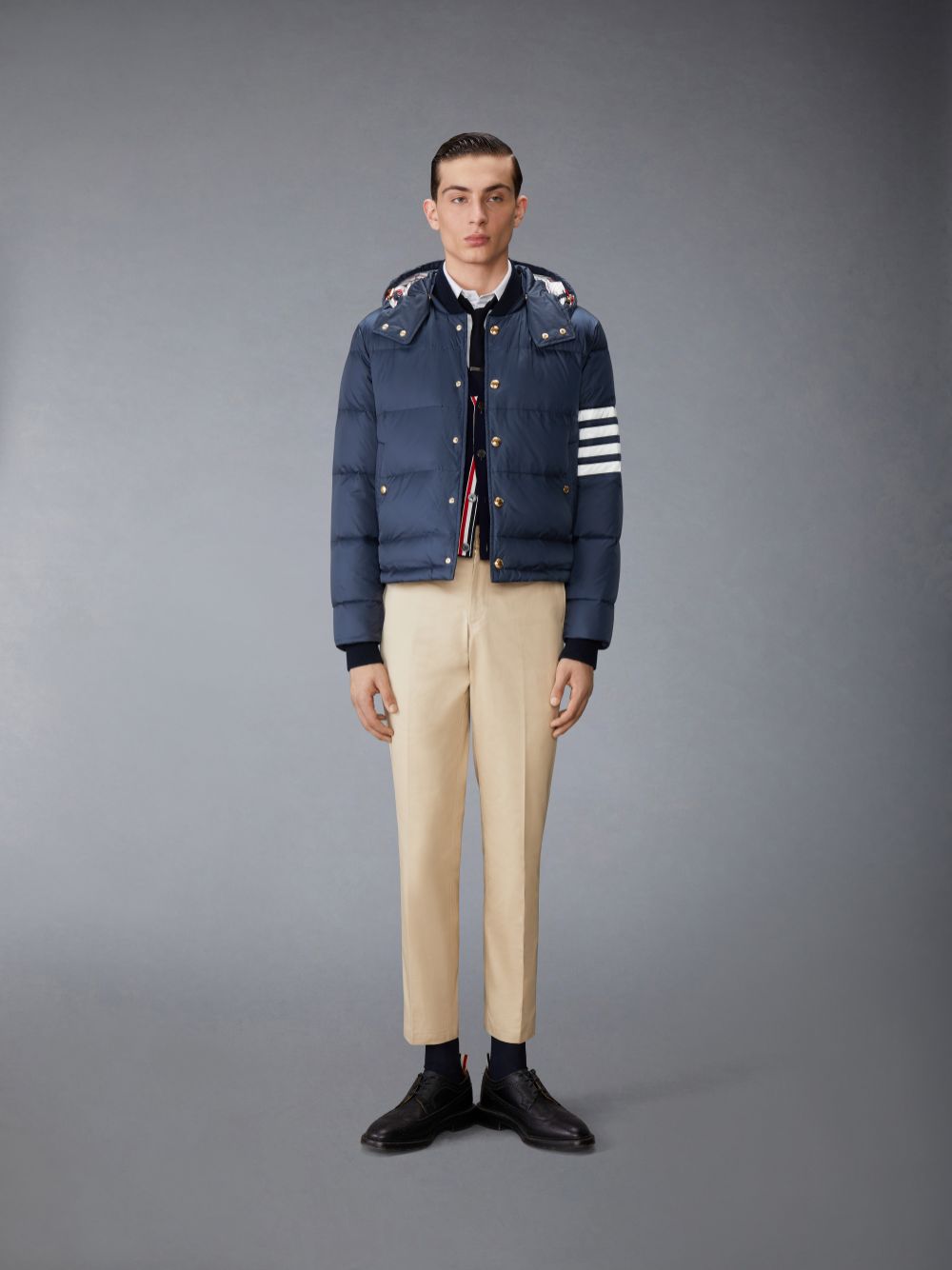 Navy Men Thom Browne Matte Nylon 4-Bar Down Bomber Jackets | UQW38M34905