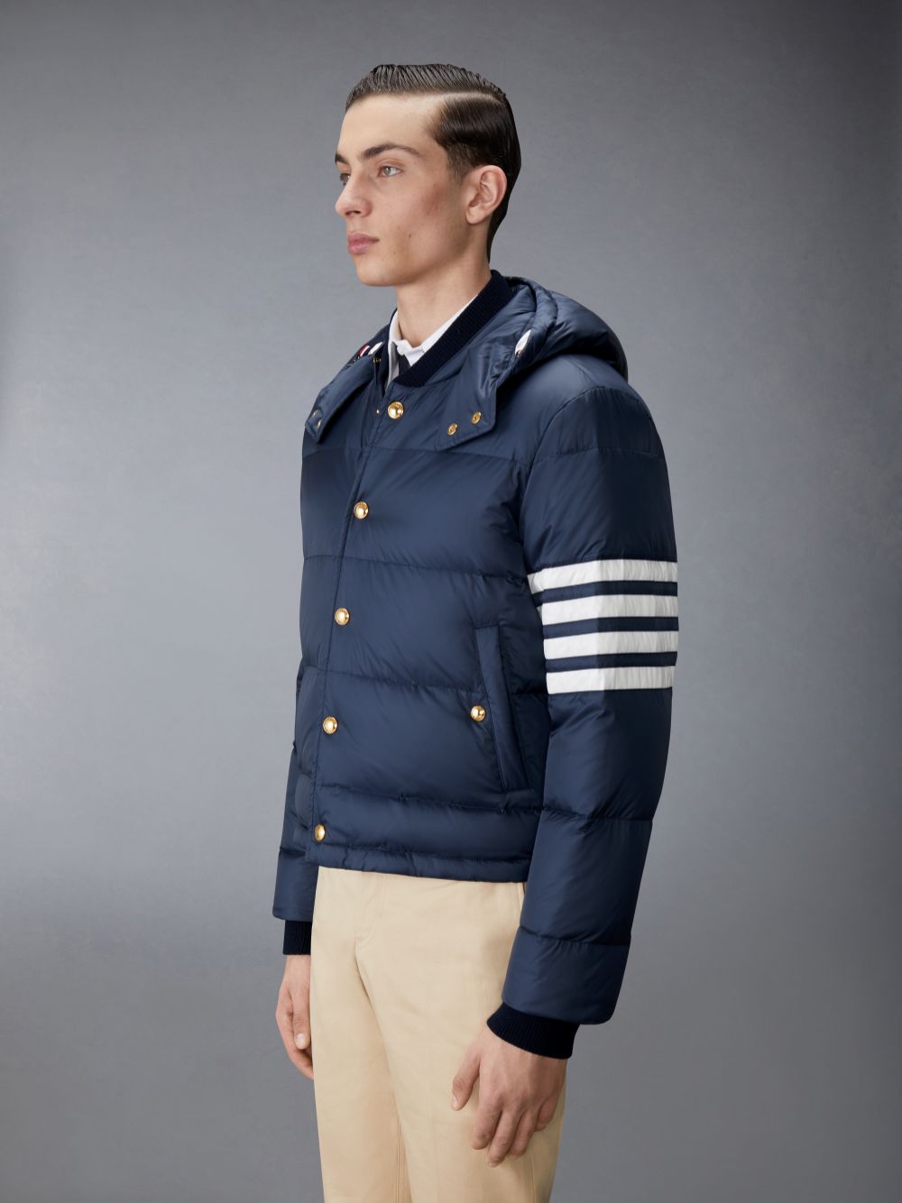 Navy Men Thom Browne Matte Nylon 4-Bar Down Bomber Jackets | UQW38M34905