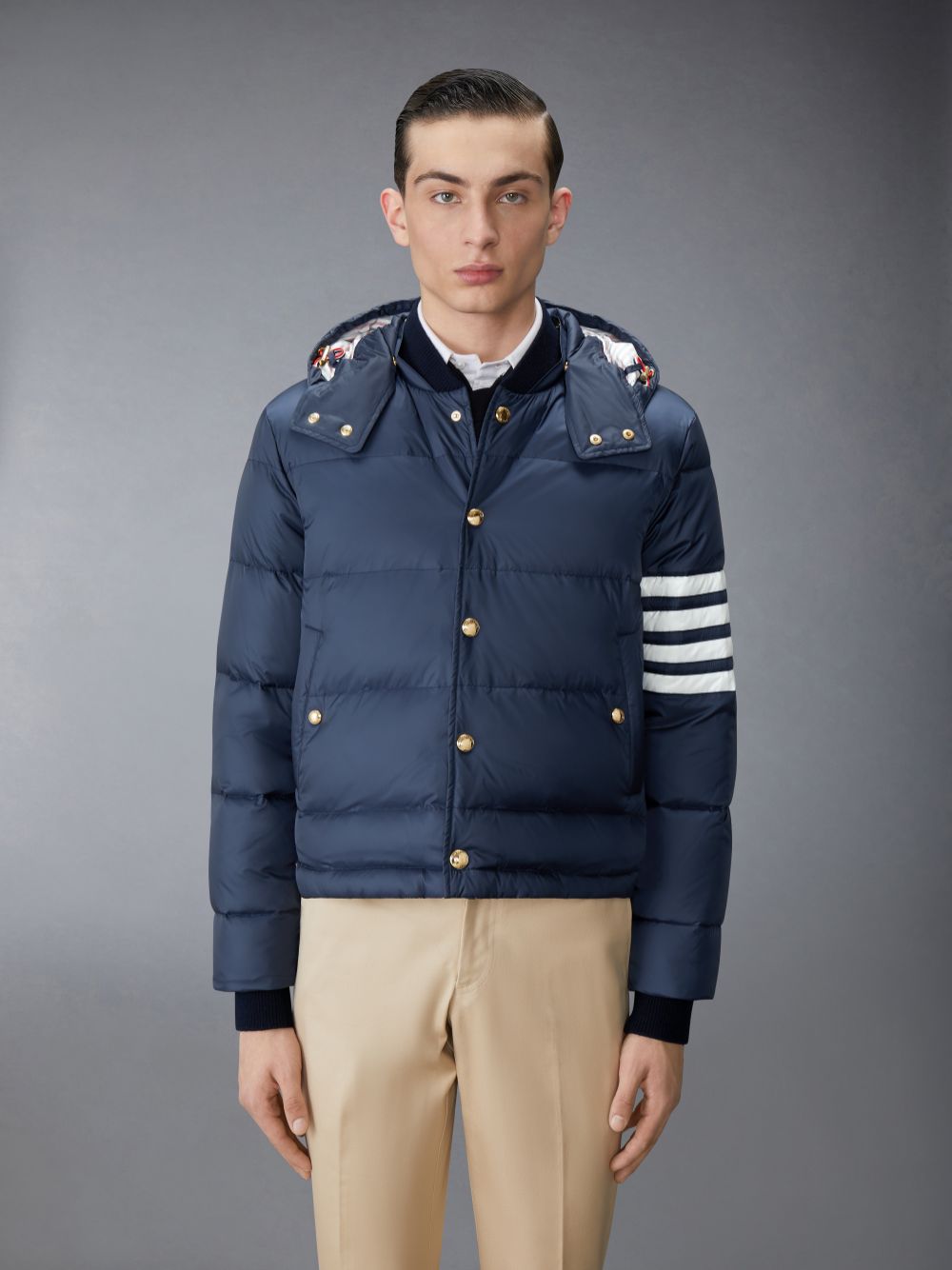 Navy Men Thom Browne Matte Nylon 4-Bar Down Bomber Jackets | UQW38M34905