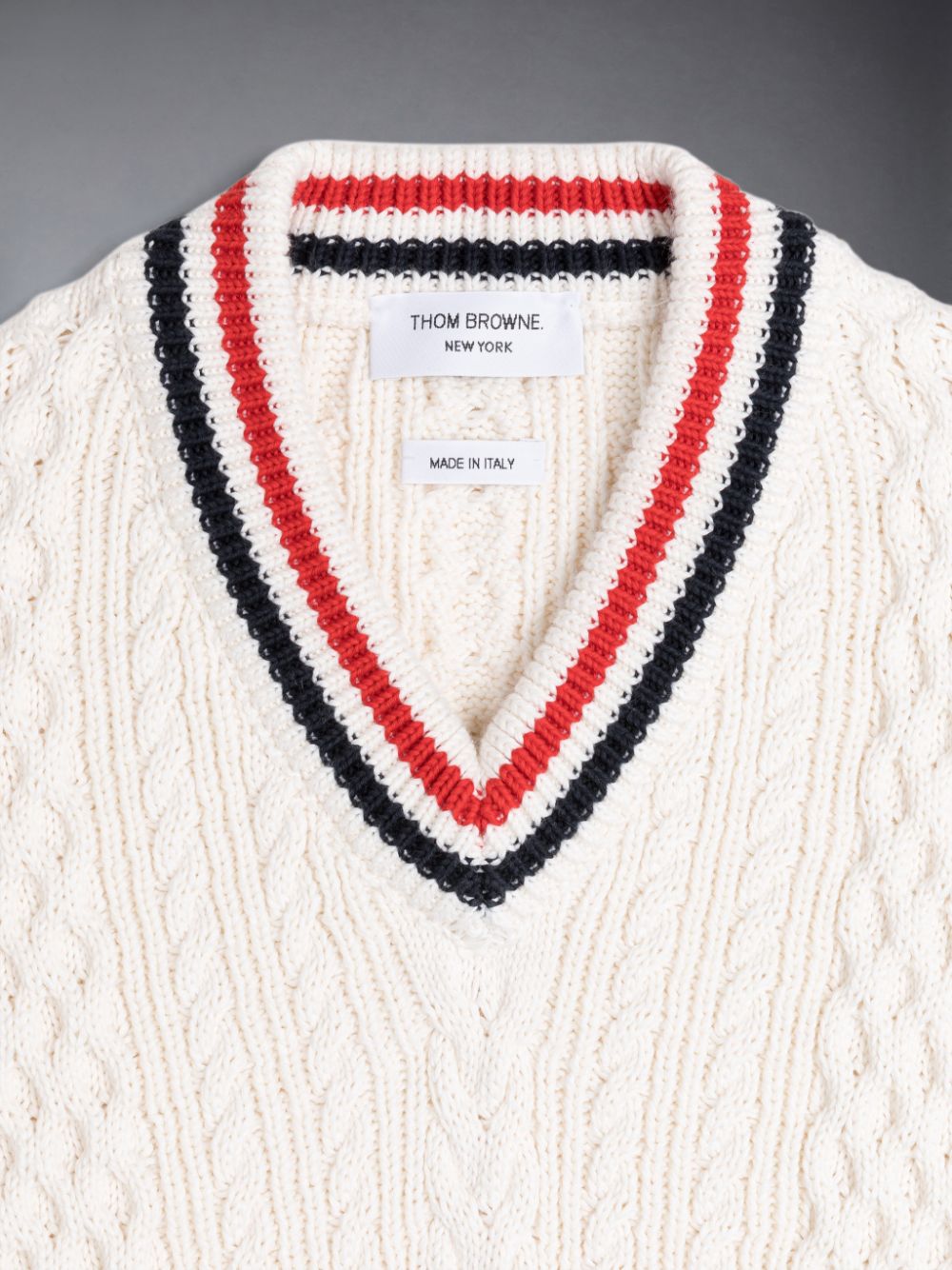 White Girls's Thom Browne ARAN CABLE CRICKET STRIPE V-NECK Pullover | IME83C91487
