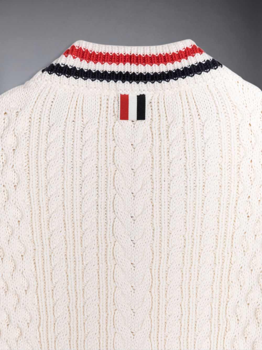 White Girls's Thom Browne ARAN CABLE CRICKET STRIPE V-NECK Pullover | IME83C91487