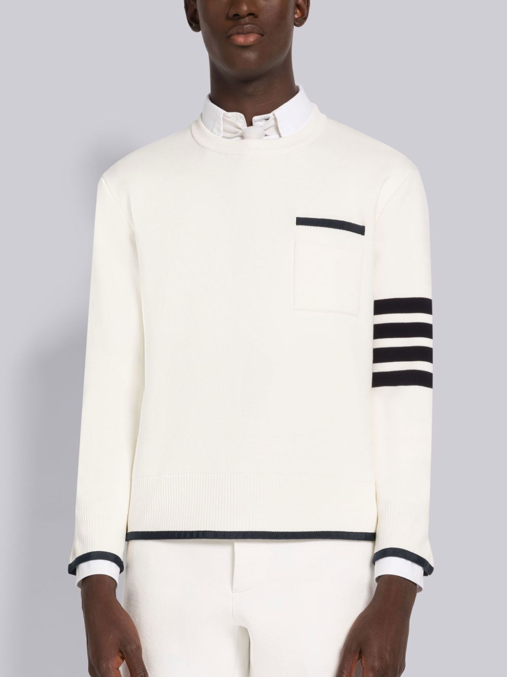 White Men Thom Browne MILANO STITCH COTTON TIPPING 4-BAR BOXY CREW NECK Pullover | TRA03J05835