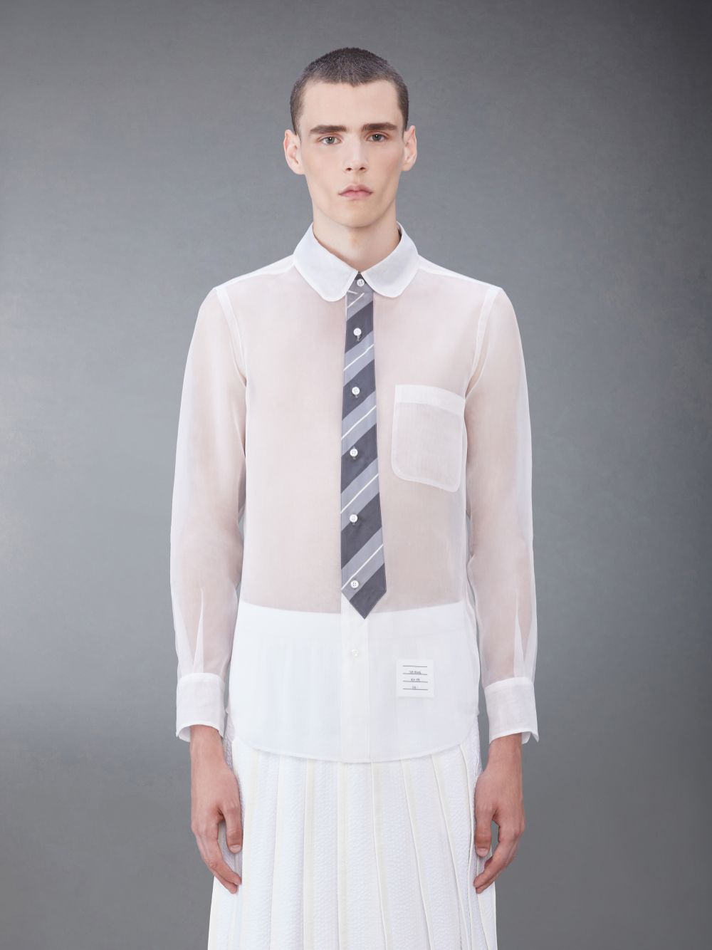 White Men Thom Browne Silk Organza Tie Applique Round Collar Shirts | PKY12Q53193