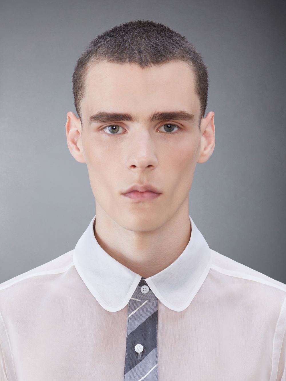 White Men Thom Browne Silk Organza Tie Applique Round Collar Shirts | PKY12Q53193