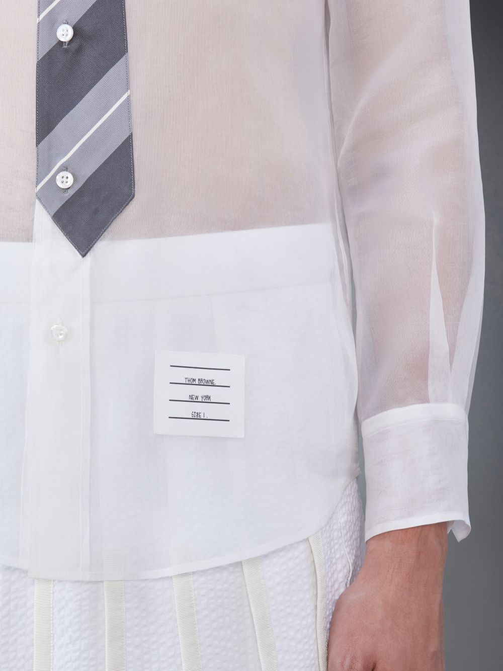 White Men Thom Browne Silk Organza Tie Applique Round Collar Shirts | PKY12Q53193