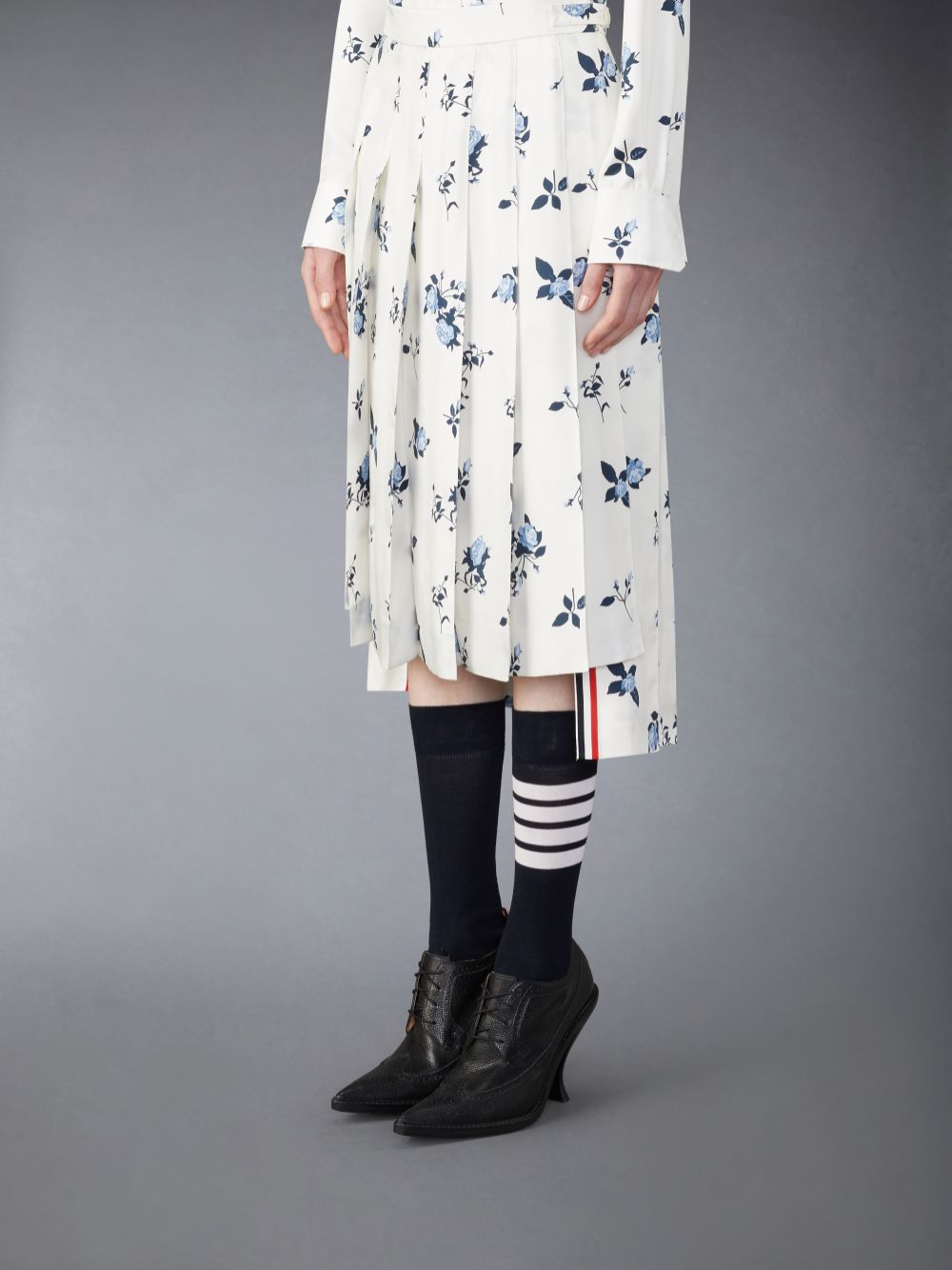 White Women Thom Browne Silk Floral Classic Midi Pleated Skirts | LUB05B57026