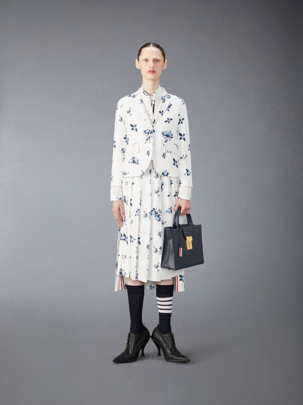 White Women Thom Browne Silk Floral Classic Midi Pleated Skirts | LUB05B57026