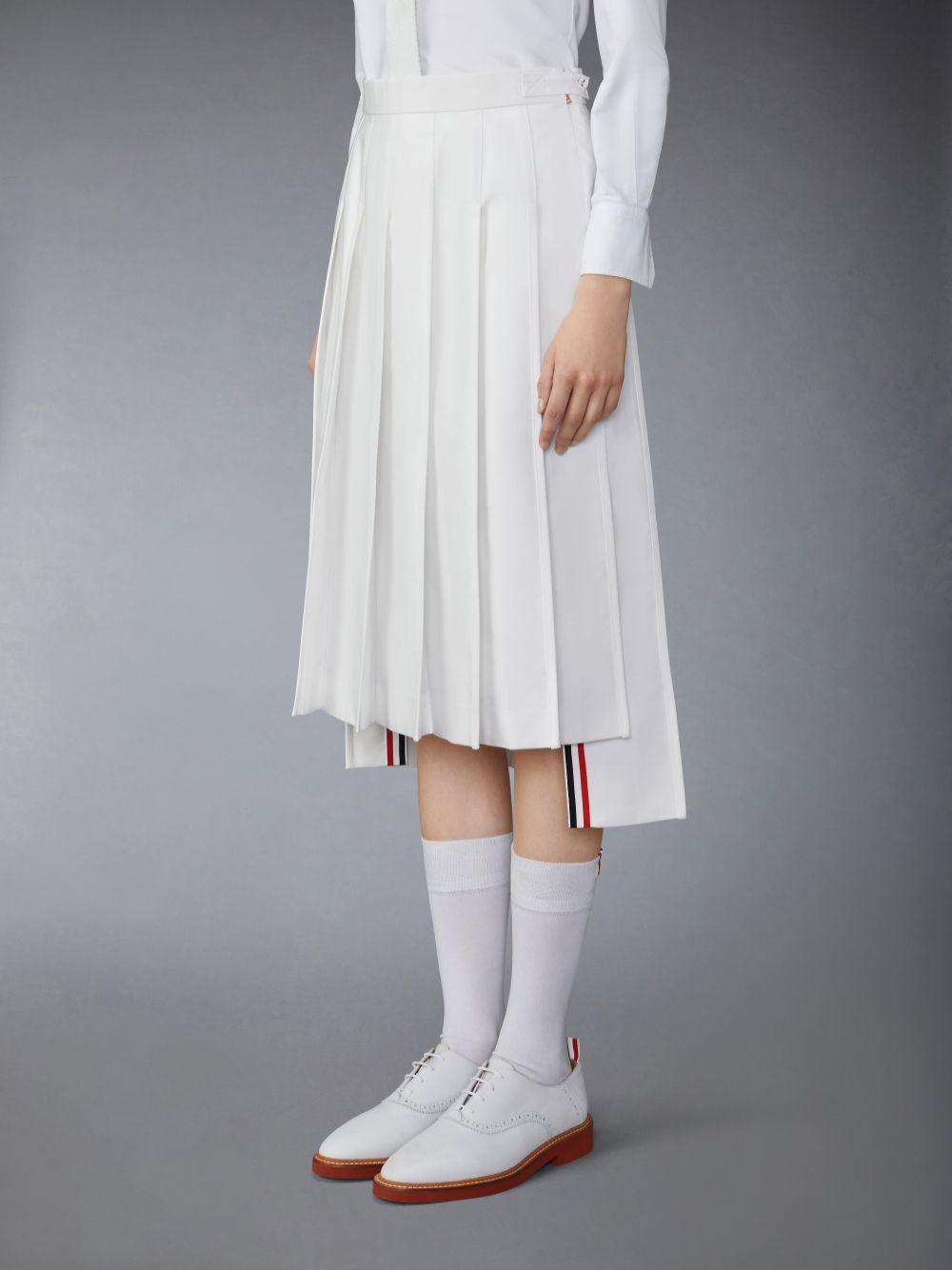 White Women Thom Browne Typewriter Self Tipping Midi Pleated Skirts | UDE17R90615