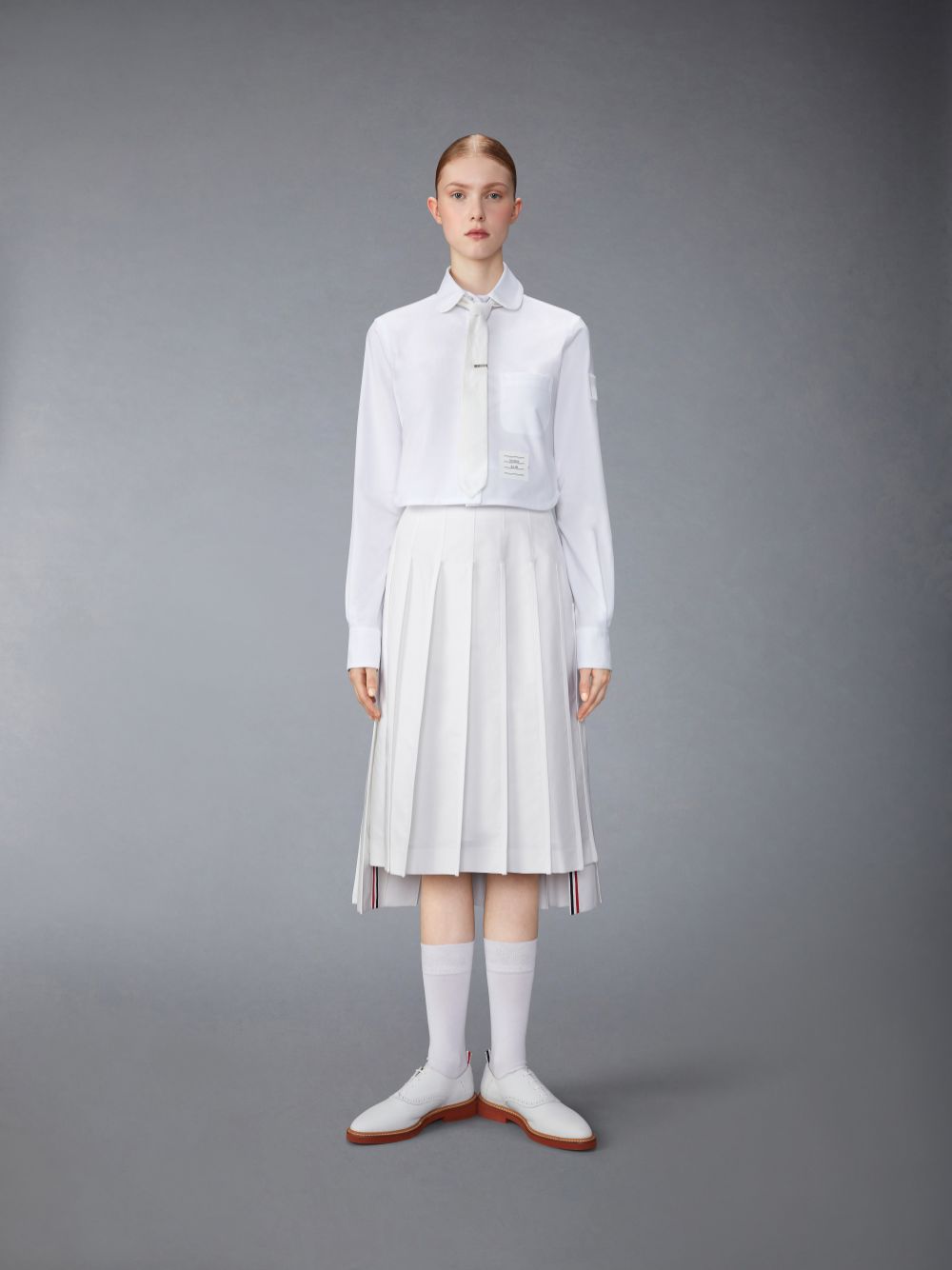 White Women Thom Browne Typewriter Self Tipping Midi Pleated Skirts | UDE17R90615