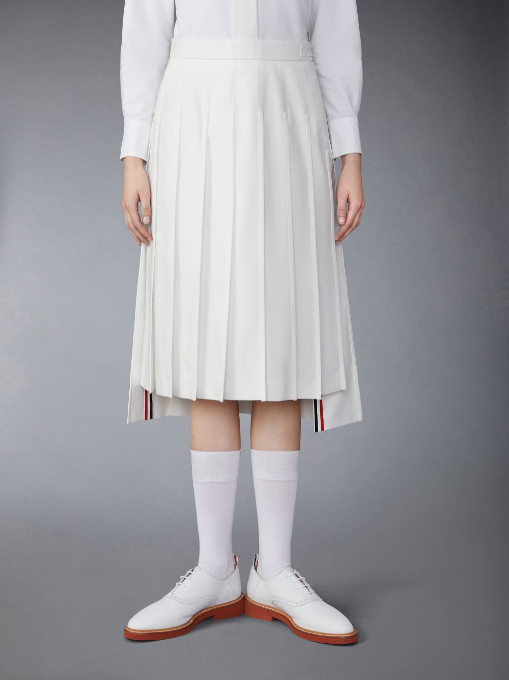 White Women Thom Browne Typewriter Self Tipping Midi Pleated Skirts | UDE17R90615