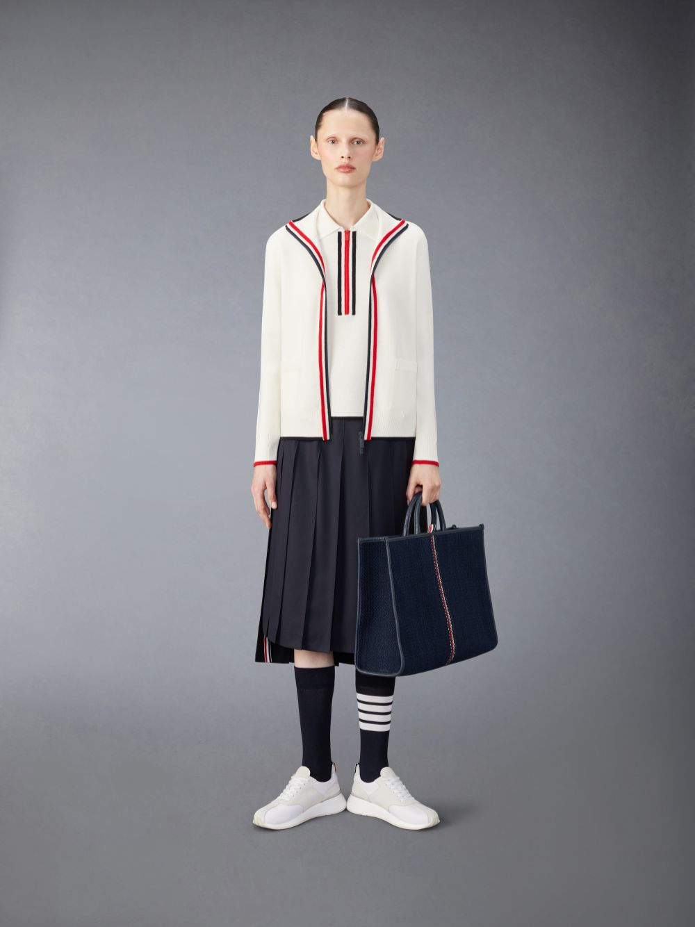 White Women Thom Browne Wool Funnel Neck Full Zip Cardigan | ICG72L70908
